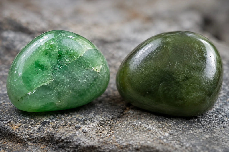Polished green jadeite and nephrite stones showing differences in color, texture and translucency