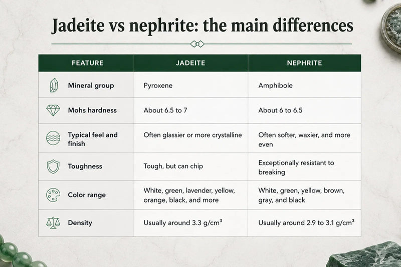 Jadeite vs Nephrite comparison chart covering mineral group, hardness, texture, toughness, color range, and density.