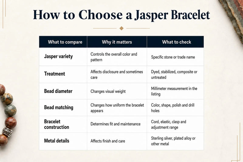 Jasper Jewelry comparison chart explaining stone variety, treatment, bead size, construction and metal details.
