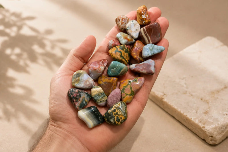 Jasper Jewelry stones in varied colors and patterns displayed in a man’s hand beside a light stone surface.