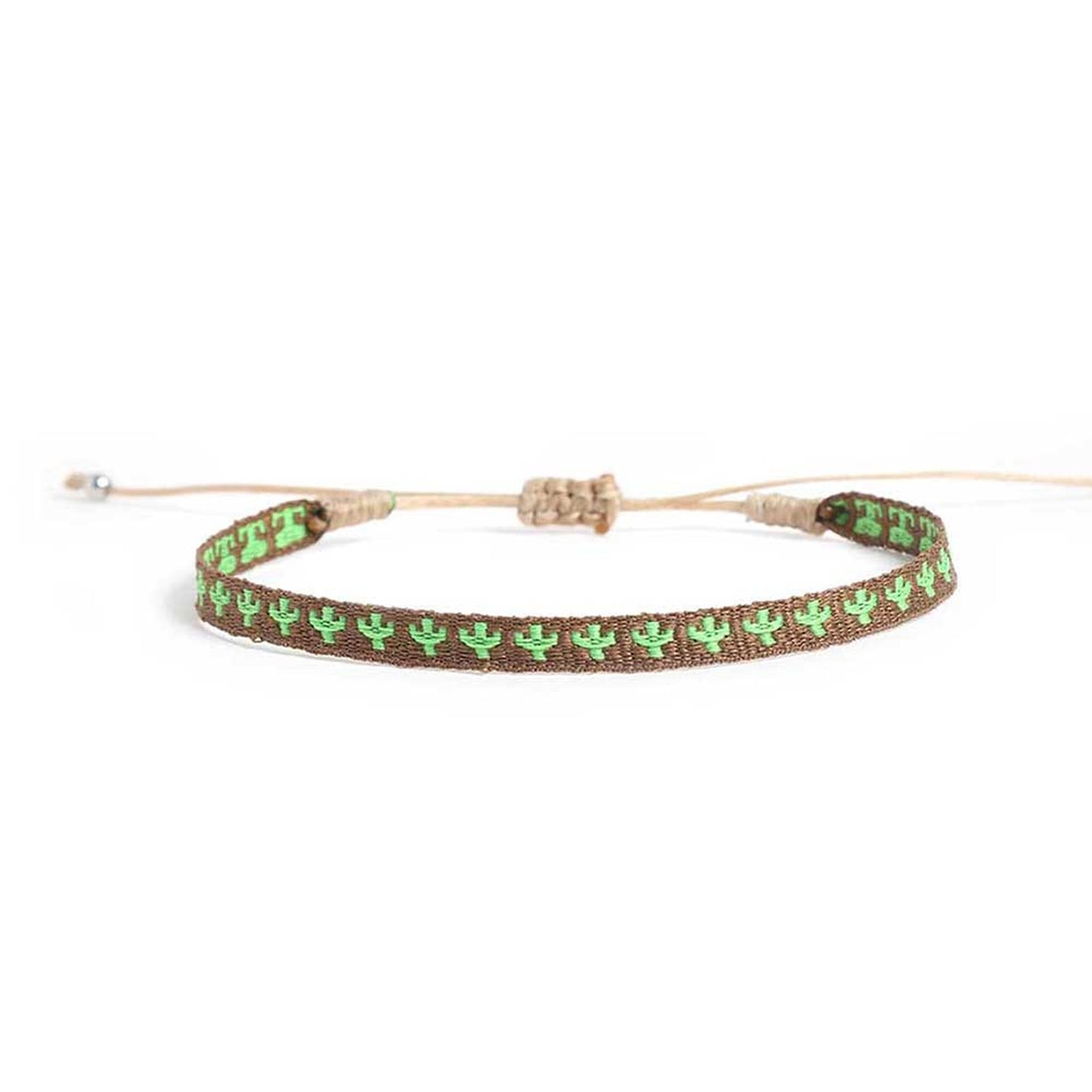 Front display of men’s woven rope bracelet with cactus design in brown and green