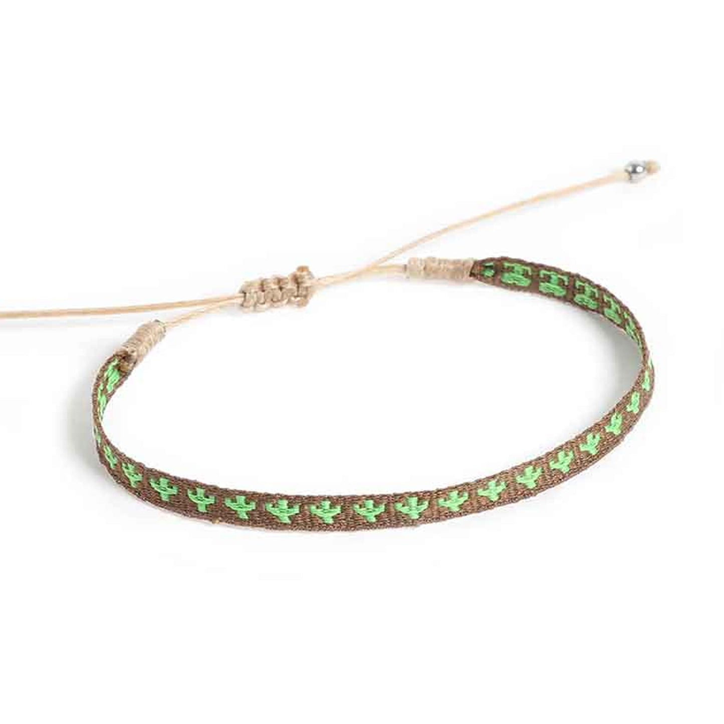 Detailed view of green cactus pattern on brown handmade men’s bracelet