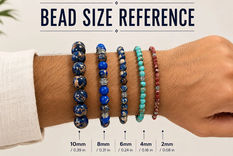 Men’s bracelet bead size guide showing 10mm, 8mm, 6mm, 4mm, and 2mm beads on a man’s wrist.