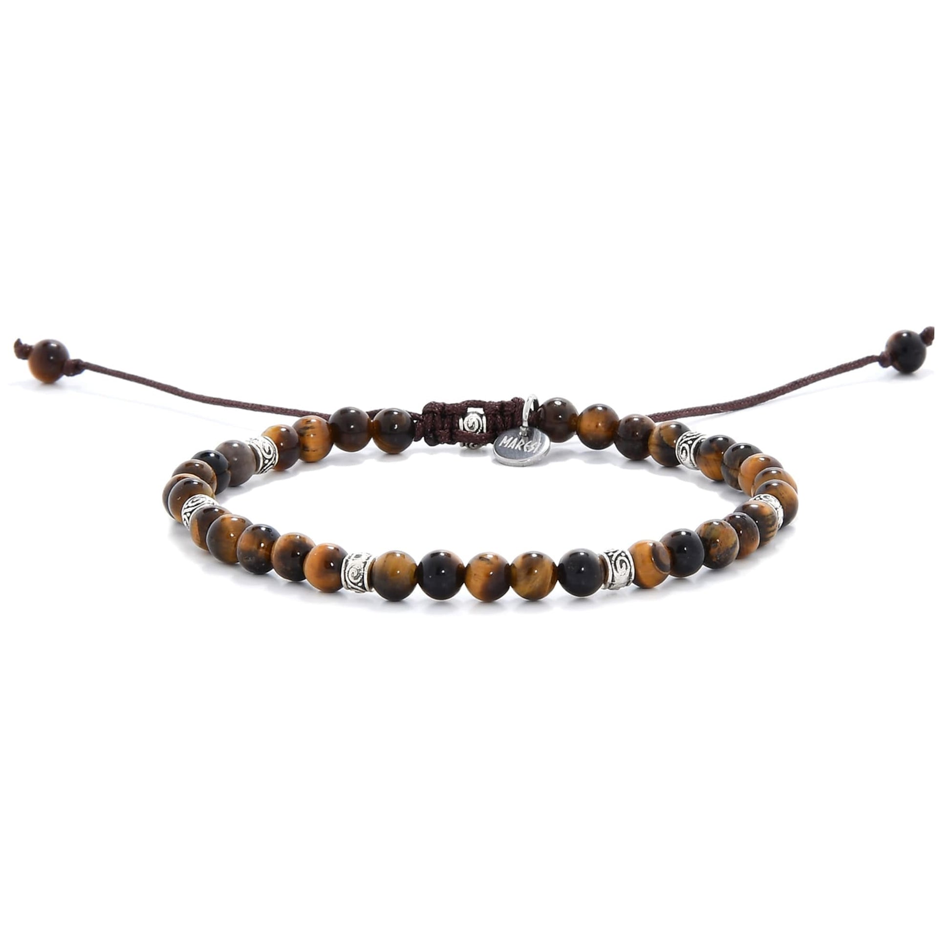 Full view of men’s tiger eye bracelet with gemstone beads and silver accents