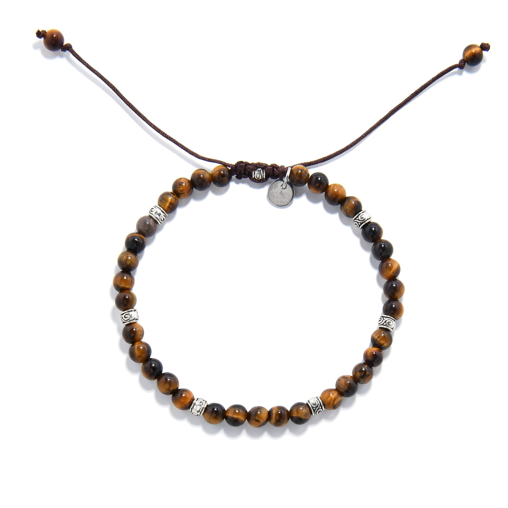 Overhead shot of men’s tiger eye bracelet showing round gemstone beads and silver details