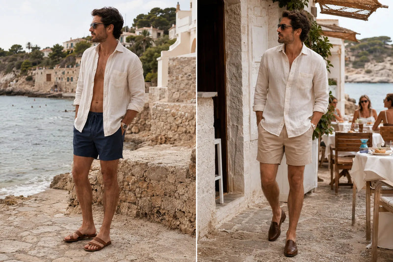 Two Mediterranean vacation looks with a white linen shirt, tailored shorts, leather sandals and brown loafers