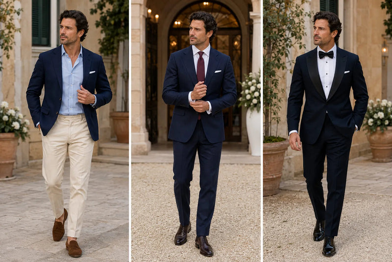 Three men's wedding guest outfits showing casual, cocktail and black tie wedding dress codes