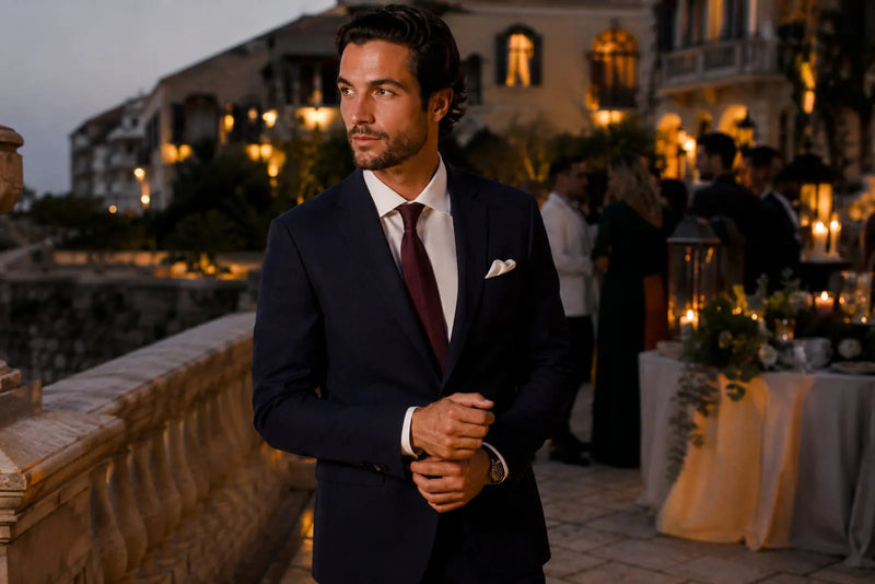 Men's evening wedding guest outfit with a navy suit, white shirt and burgundy tie at an elegant outdoor reception