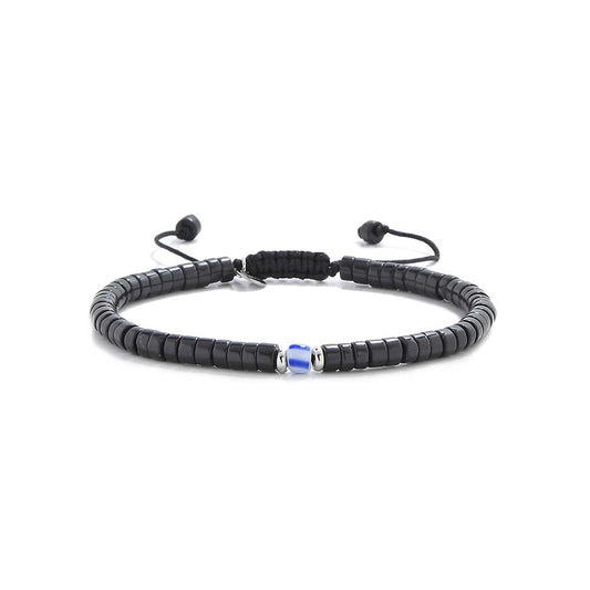 Straight-on product photo of mens black pearl bracelet with center blue bead