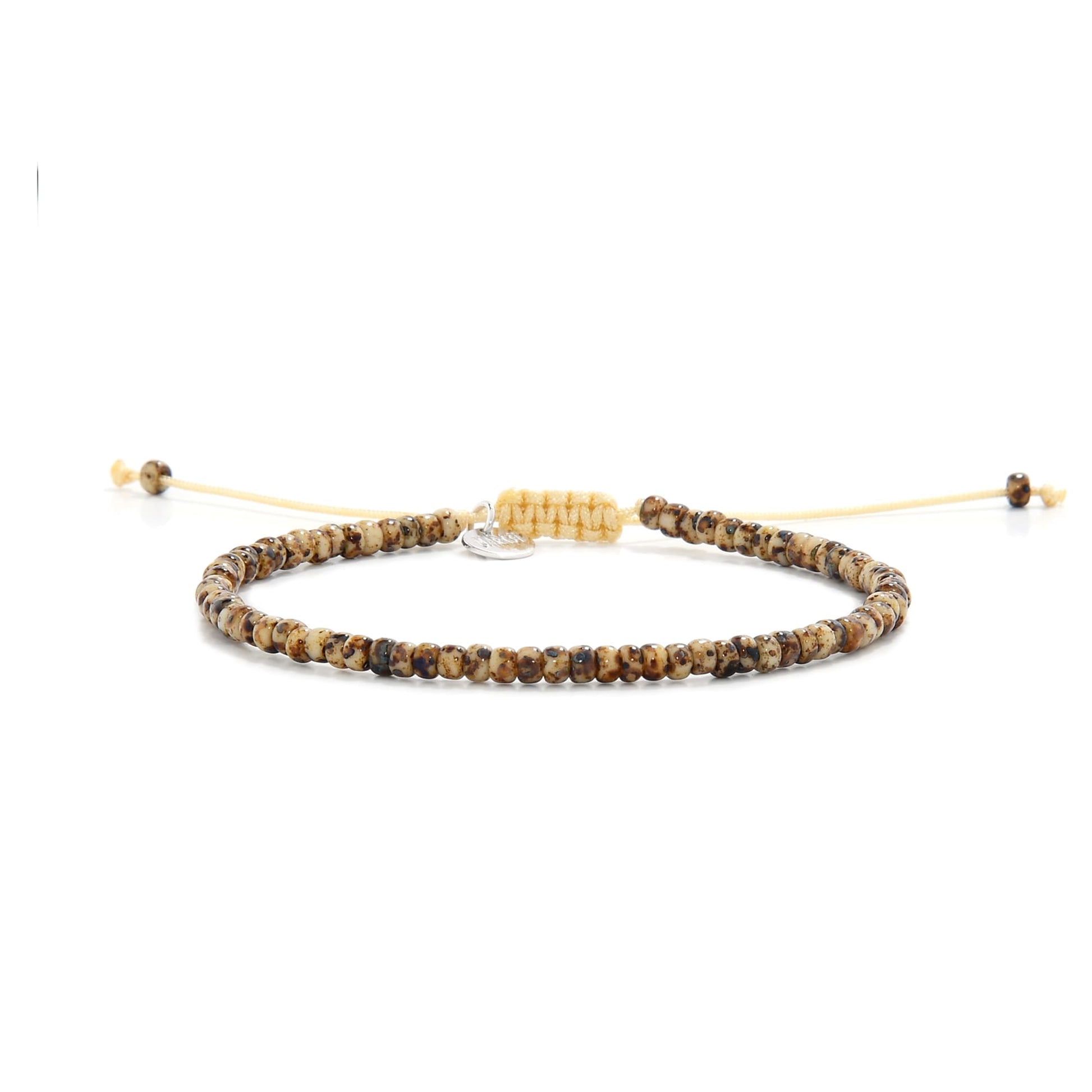 Minimalist bead bracelet for men with tan cord and glossy brown and beige seed beads