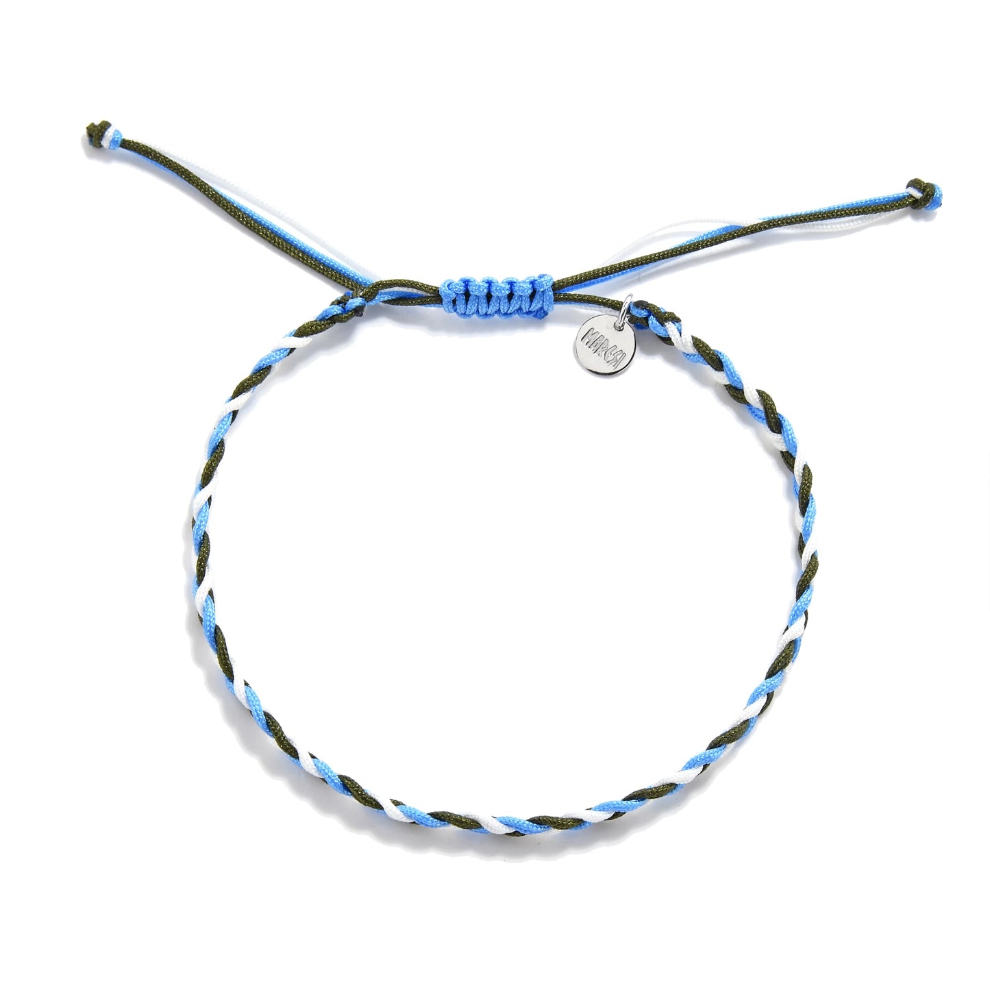 Overhead view of thin best friend friendship bracelet in blue, green, and white cords