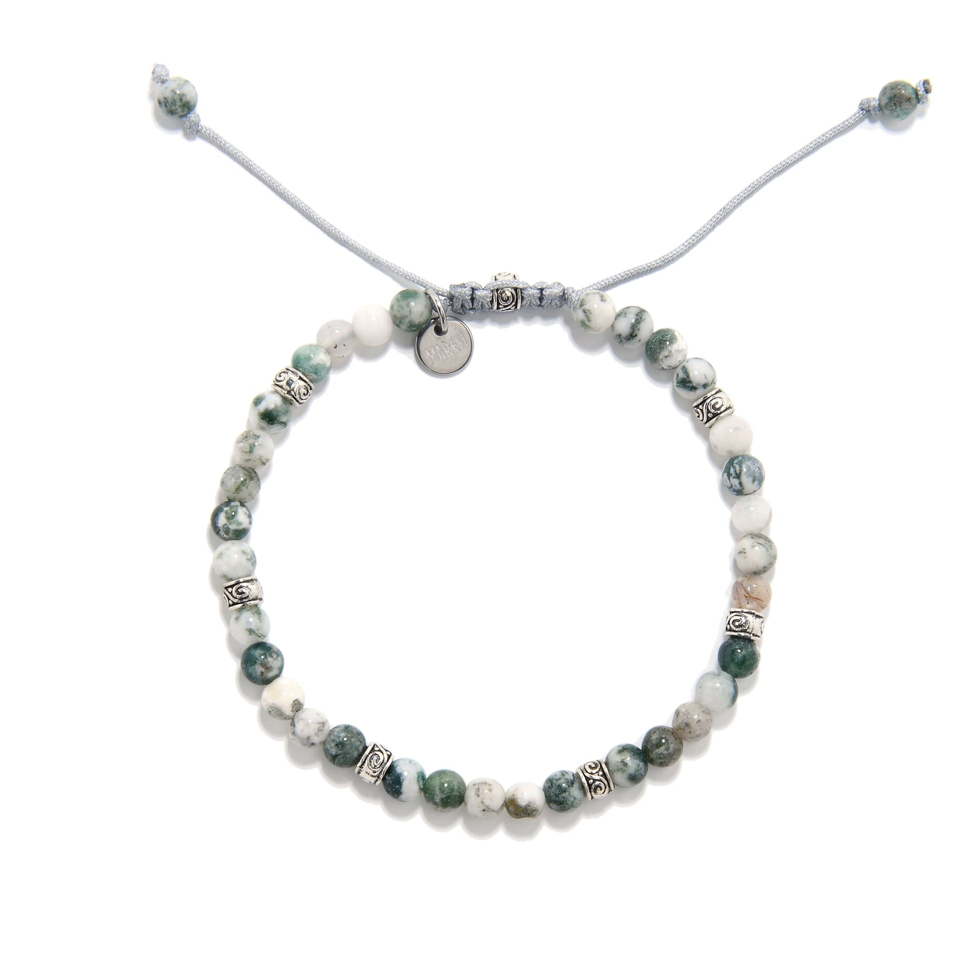 Top-down image of a round moss agate bracelet with a pull-string closure, displaying natural stone beads and decorative metal elements.