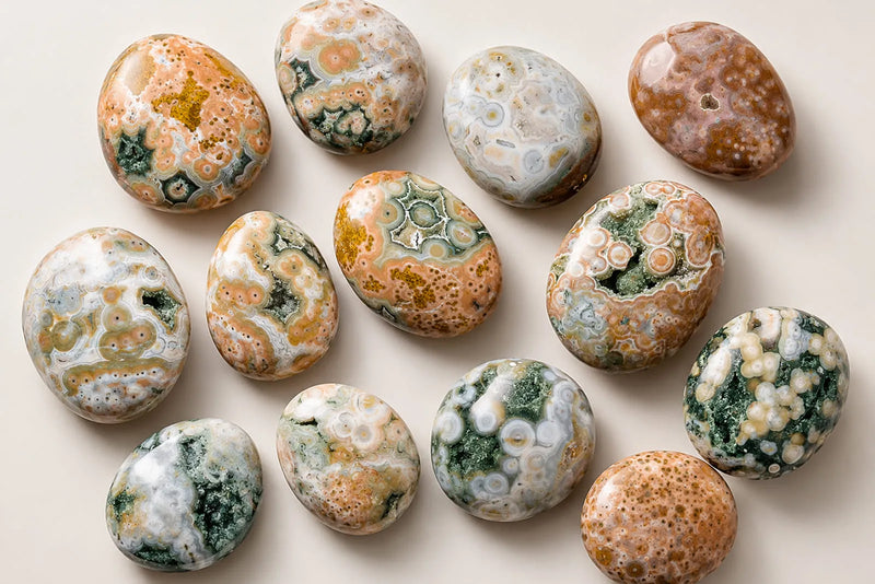 Ocean Jasper polished stones with peach, cream, green and grey orbicular patterns on a light neutral background.