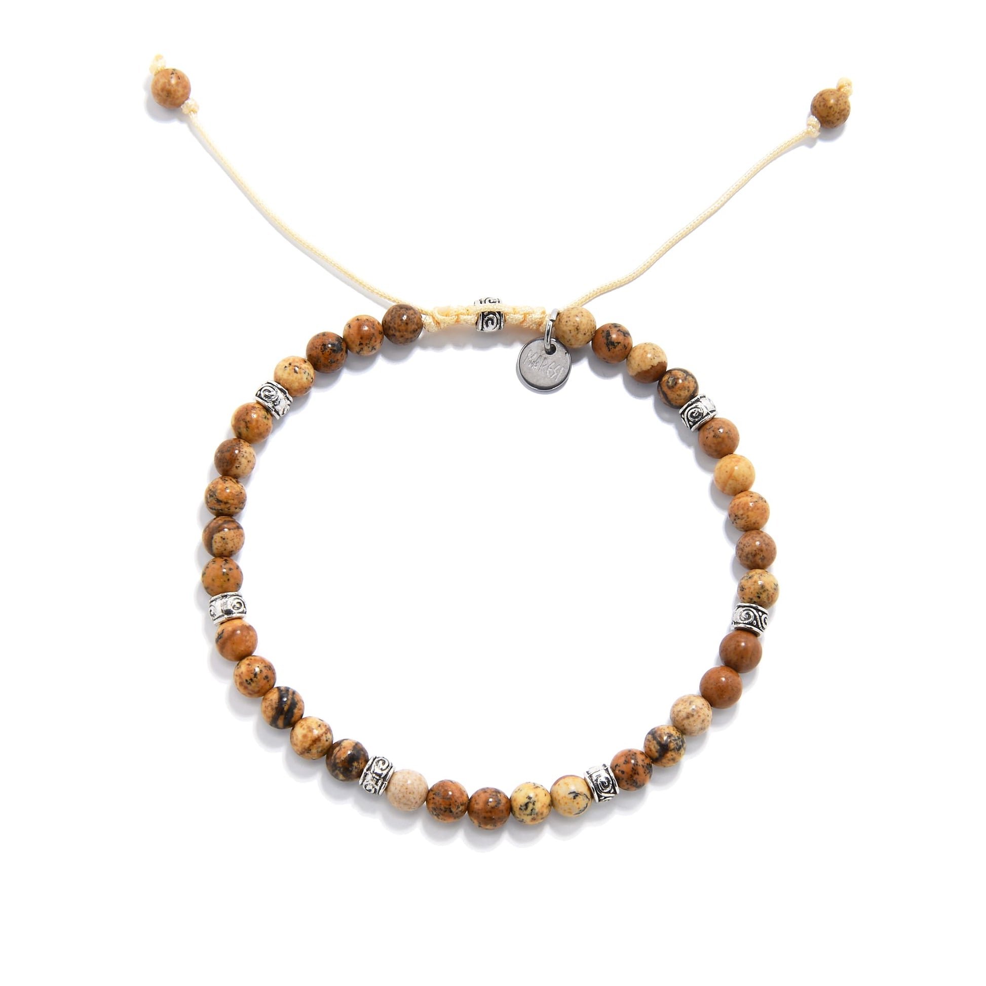 Top view of Picture Jasper stone bracelet with round polished beads.