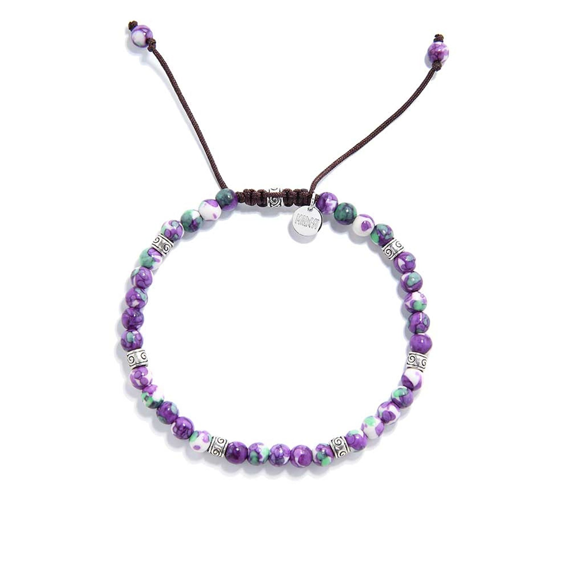 Handmade purple jasper bracelet with green and white accents on brown cord.