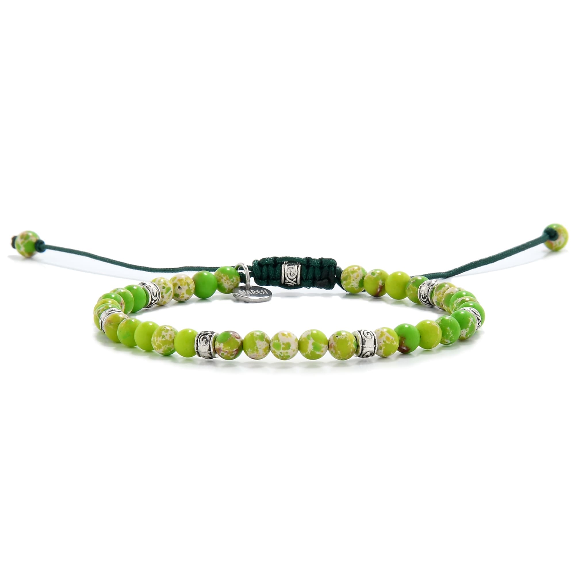Elegant unisex raw green jasper bracelet with green cord and beads.