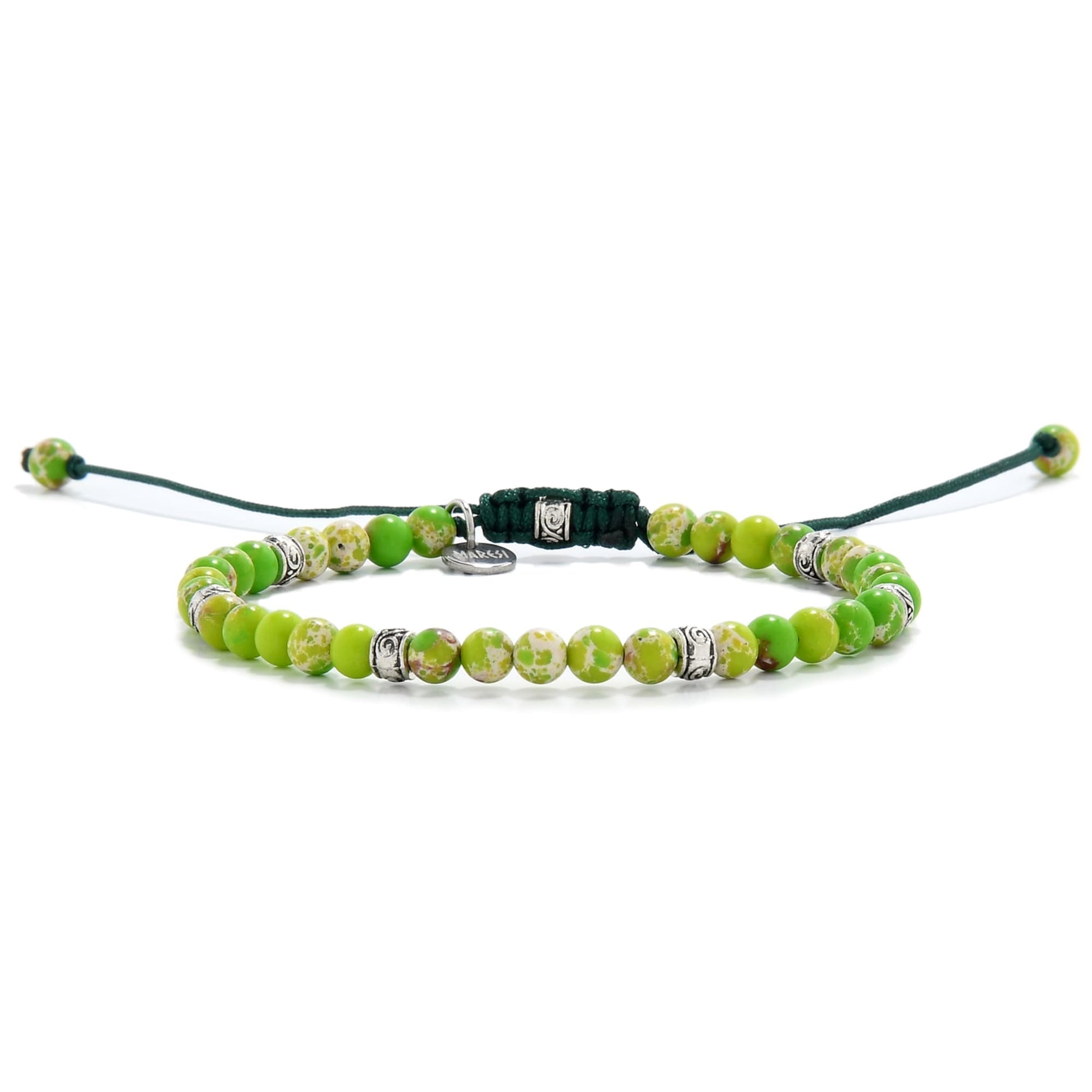 Elegant unisex raw green jasper bracelet with green cord and beads.