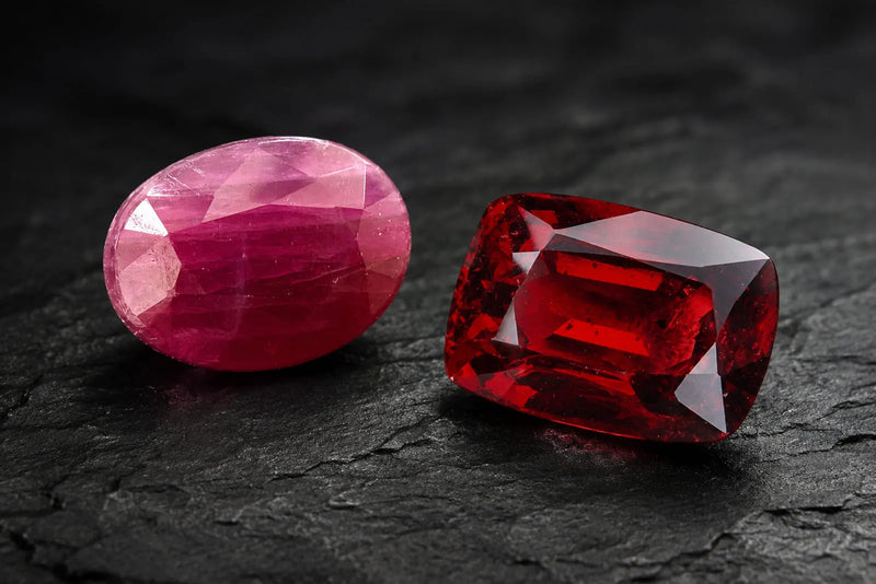 Oval pink-red and rectangular deep-red gems illustrating ruby and red spinel.