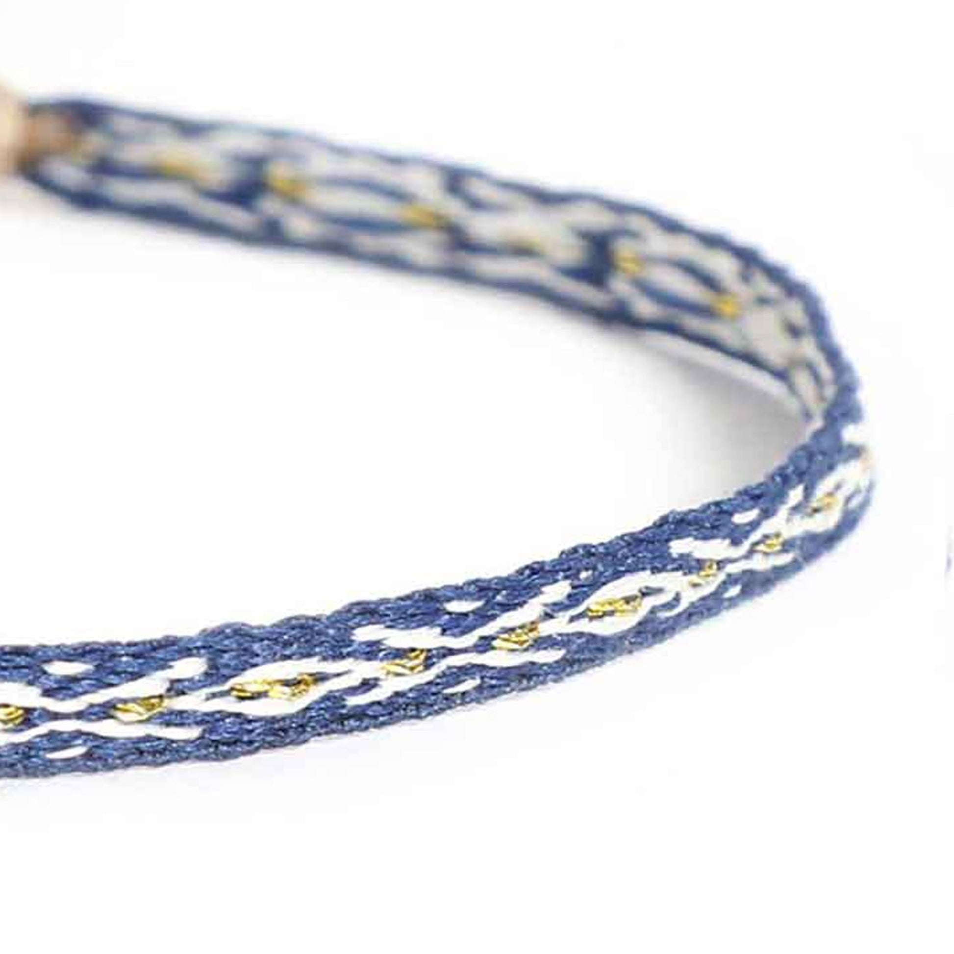 Close-up of a rope bracelet for men with blue, white, and gold braided design