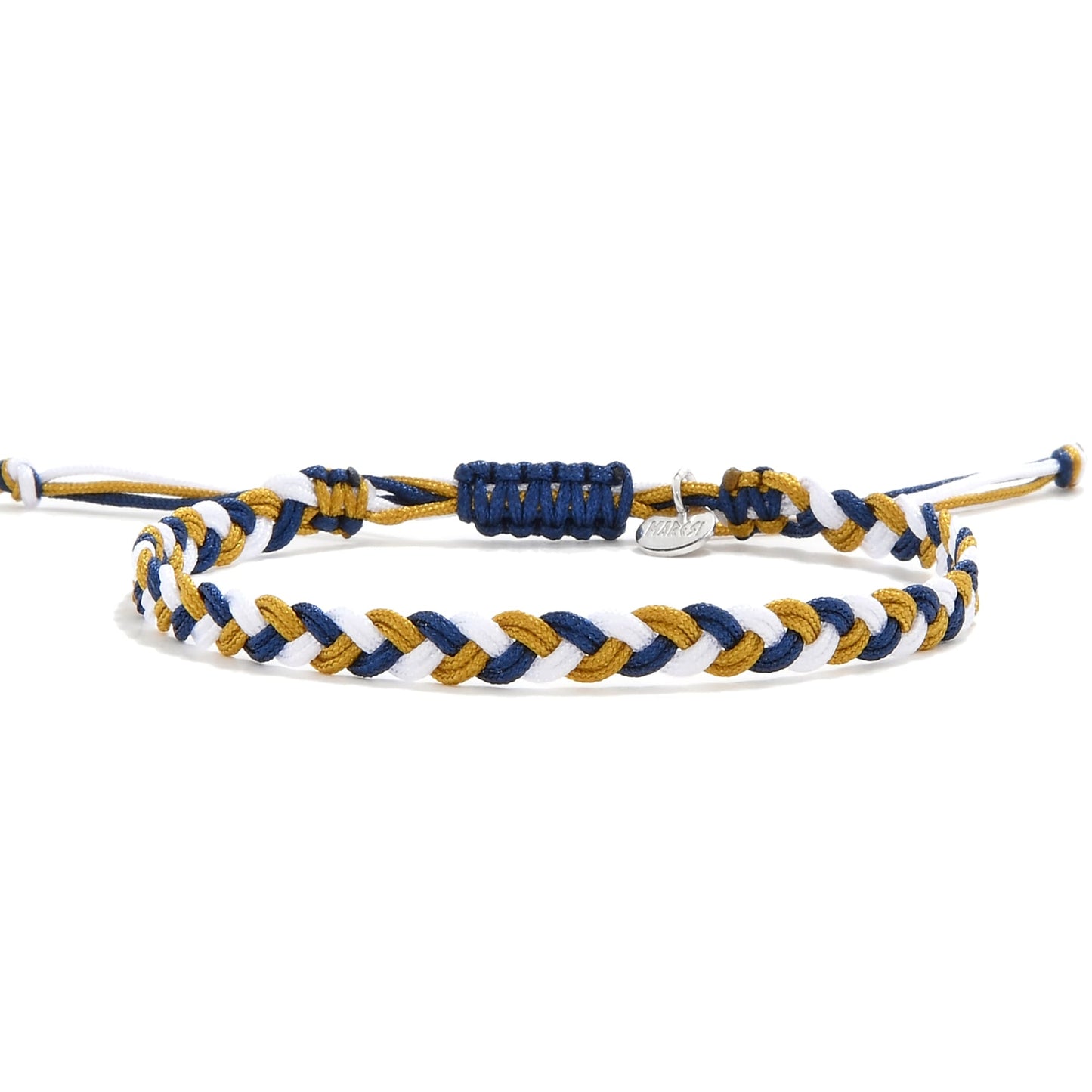 Adjustable friendship bracelet with sliding knot and charm in blue, white, and gold