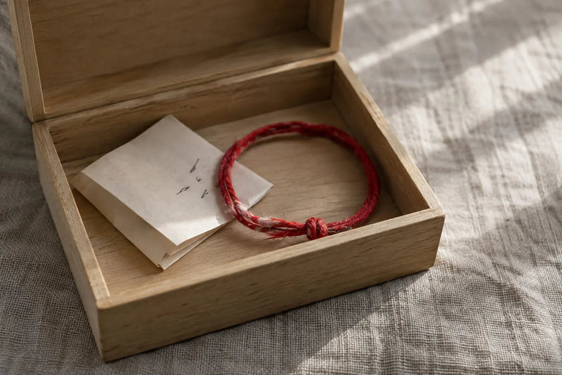 Worn red string bracelet beside a folded handwritten note in a wooden keepsake box, suggesting memory and sentimental red string bracelet meaning.