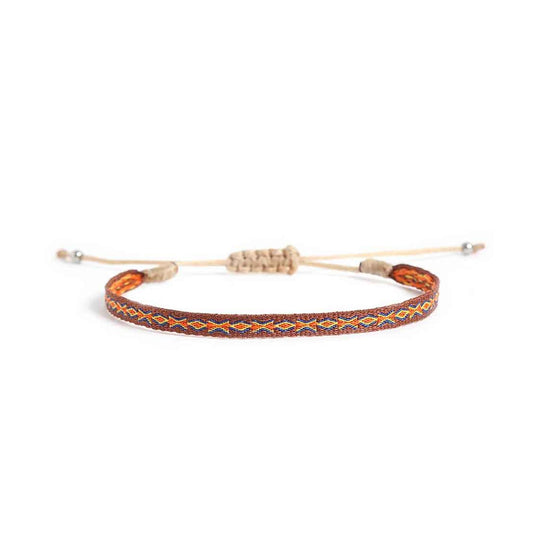 Brown woven mens rope bracelets with colorful pattern and adjustable knot closure.
