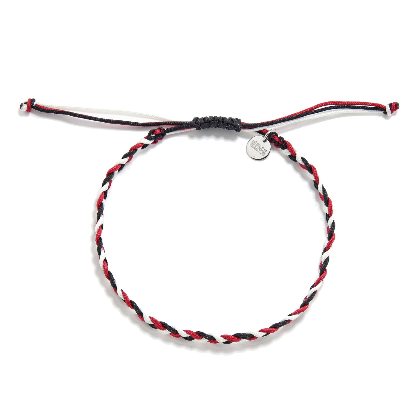 Minimalist friendship bracelet arts with slim red, black and white twisted strands