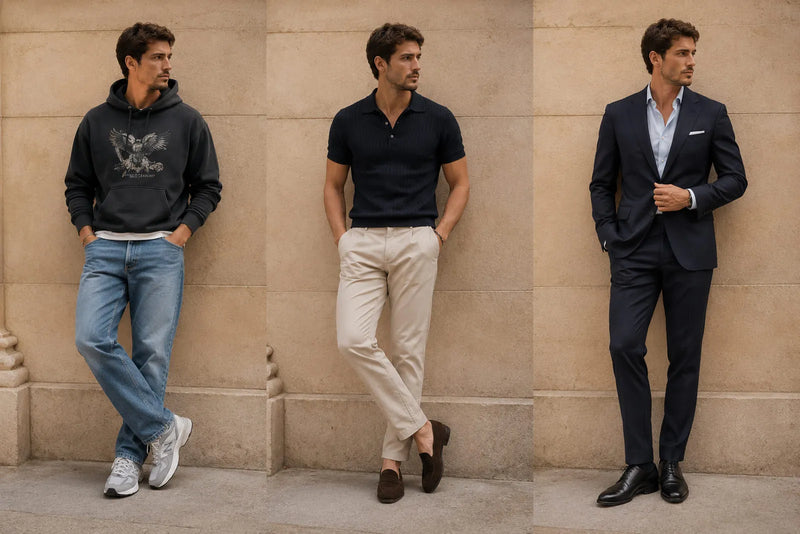 Three outfits on the same man showing the difference between too casual, smart casual and too formal menswear.