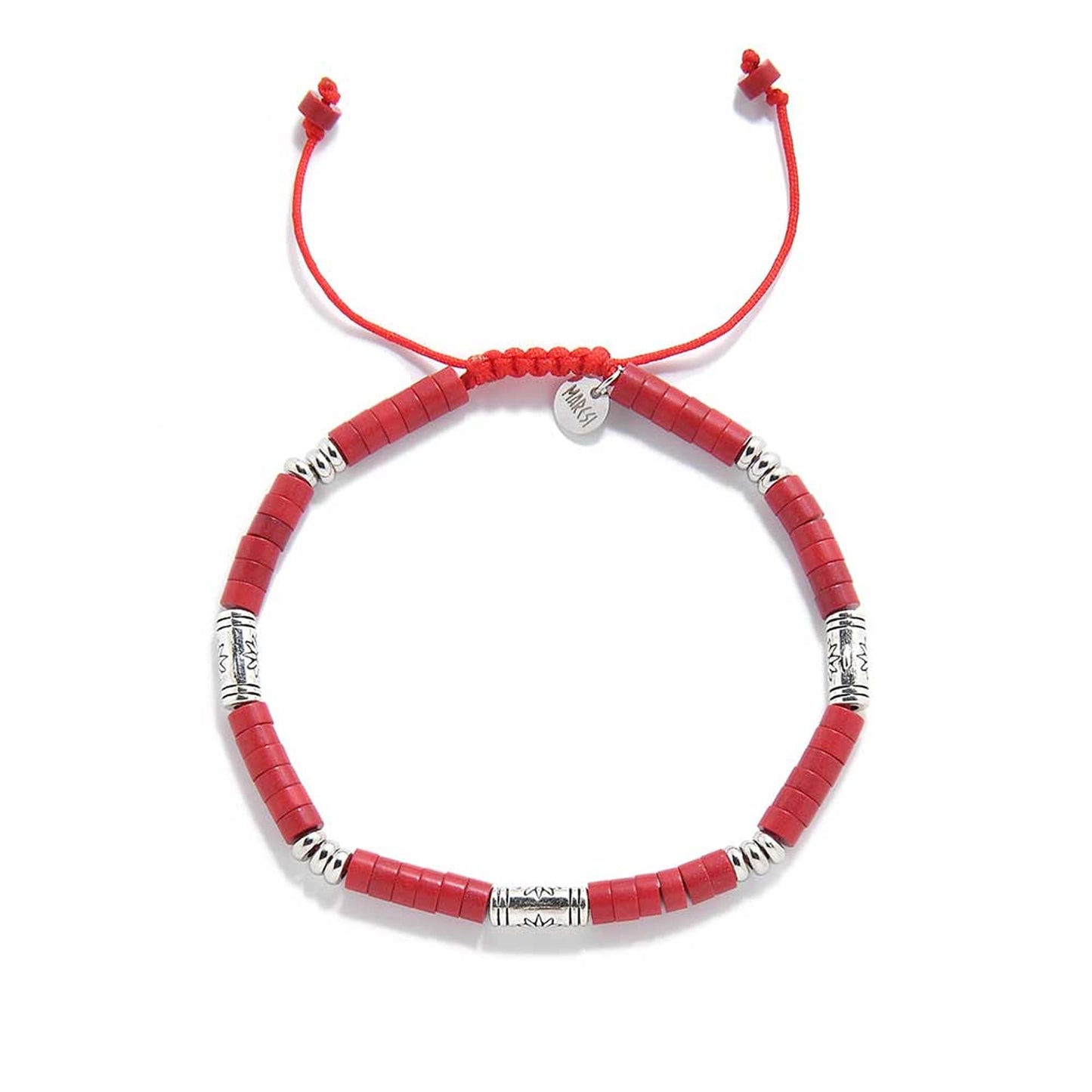 Flat lay of handmade mens red bracelet featuring red beads and silver charm