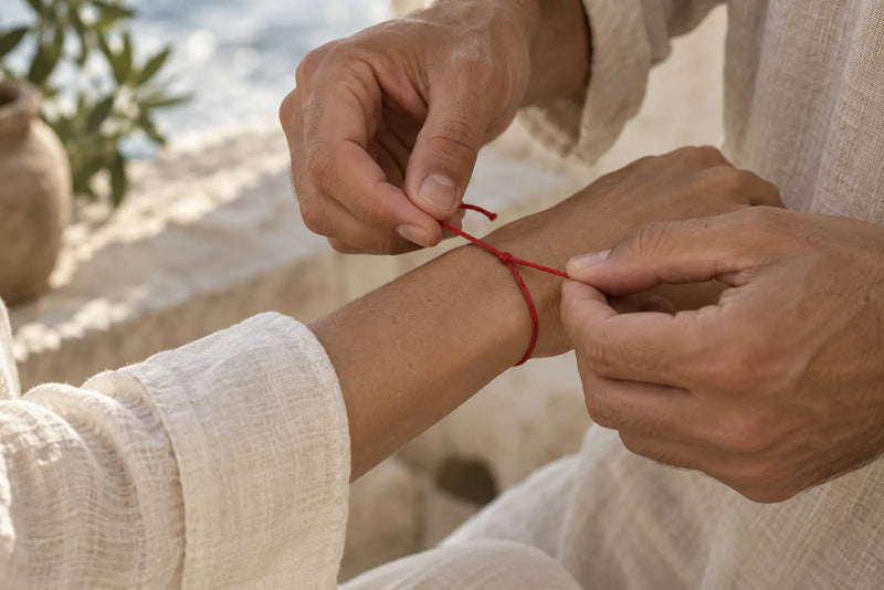 Close-up of one person tying a simple red string bracelet around another person’s wrist, reflecting the personal meaning behind giving and wearing one.