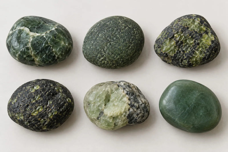 Six different green stones found on beaches showing variations in color, grain, veins, and texture