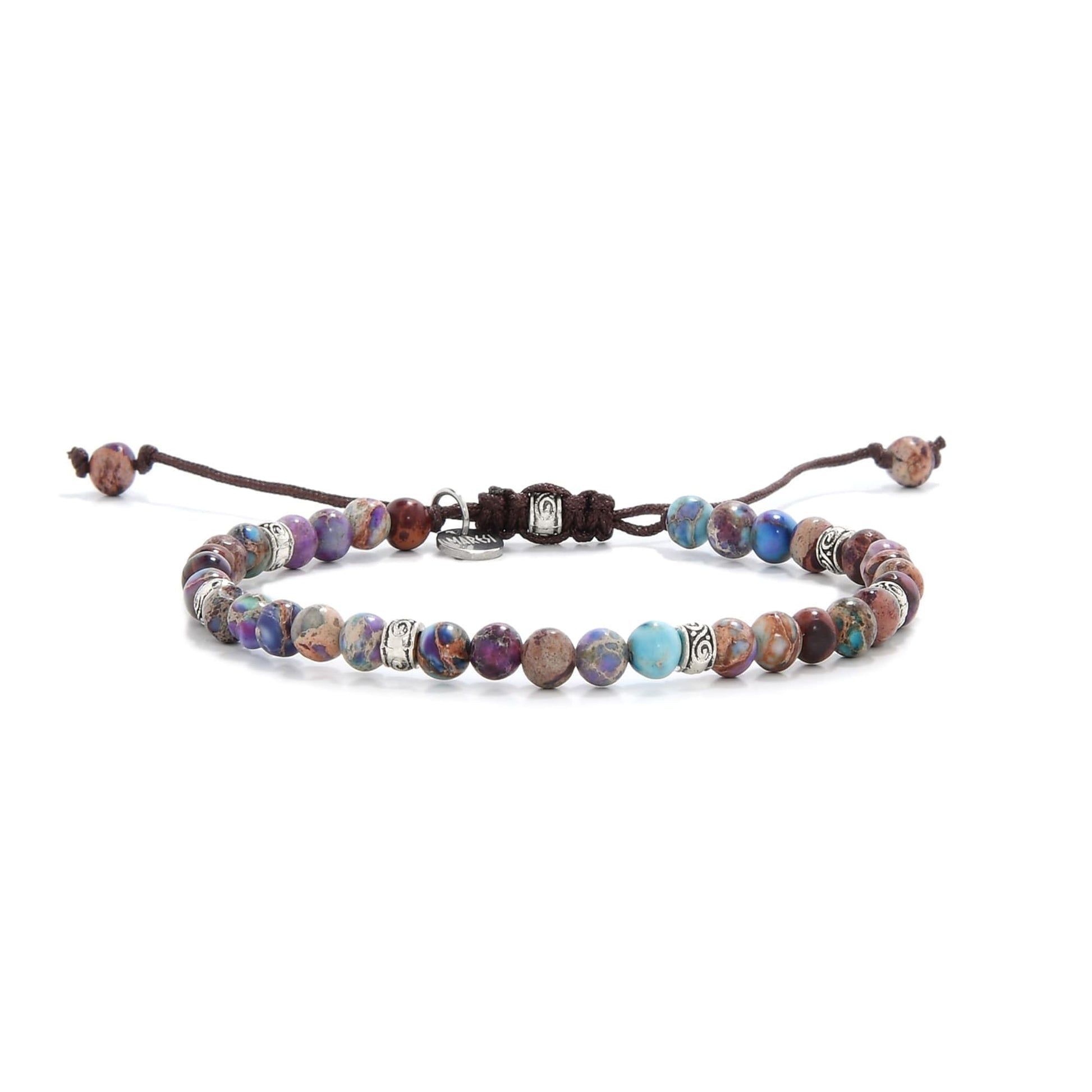 Violet sea sediment bracelet with round beads and silver accents on brown cord