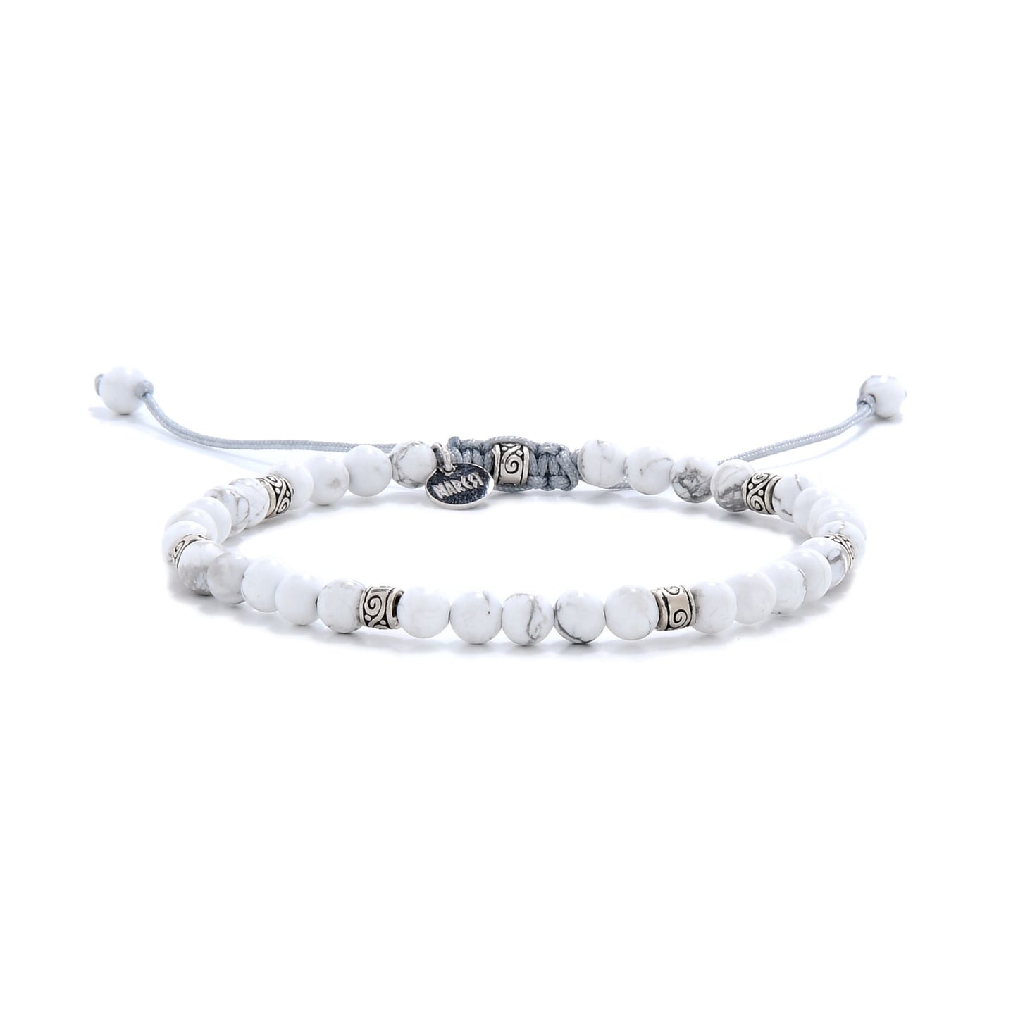 White howlite stone bracelet front view, emphasizing its fine details.