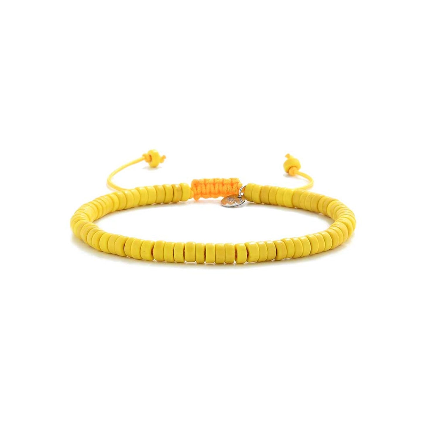 Handmade yellow bracelet with adjustable tie, laid flat on white background