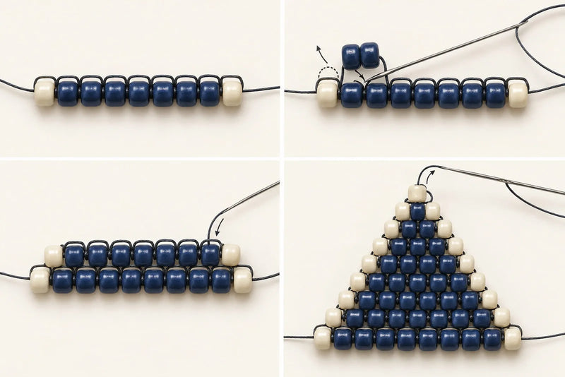 Beading Patterns: Brick-Stitch Foundation and Decreases Beading patterns illustration of a ladder foundation, needle placement at a thread bridge, and a narrowing brick-stitch triangle.