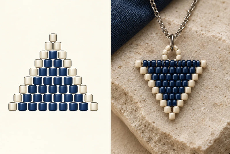 Beading Patterns: Brick-Stitch Triangle Chart Beading patterns triangle chart with nine rows, a navy center, and cream border beside a pendant color example.