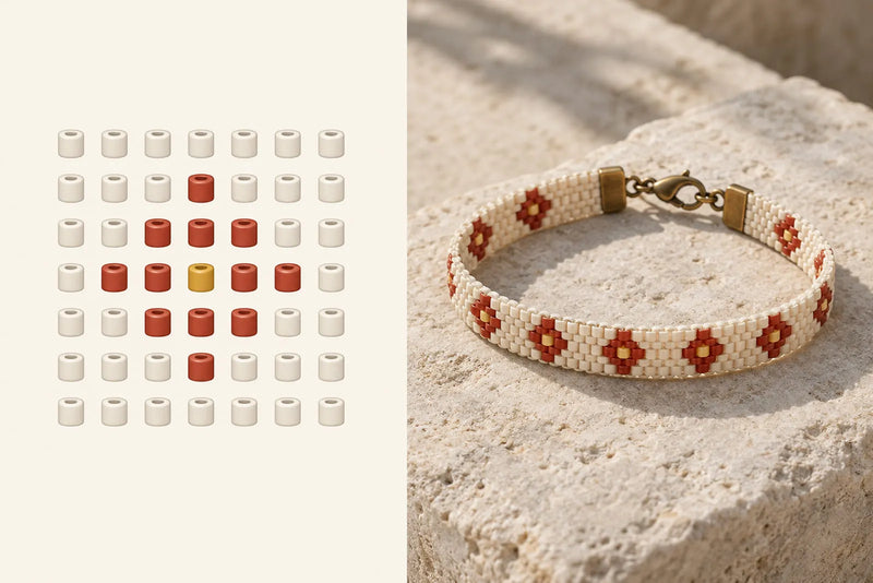 Beading Patterns: Floral Square-Stitch Chart Floral beading patterns with a seven-by-seven cream, red, and yellow bead chart beside a bracelet color example.