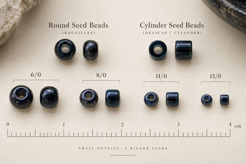 Beading Seed Beads chart comparing round and cylinder shapes, with labels for sizes 6/0, 8/0, 11/0 and 15/0.