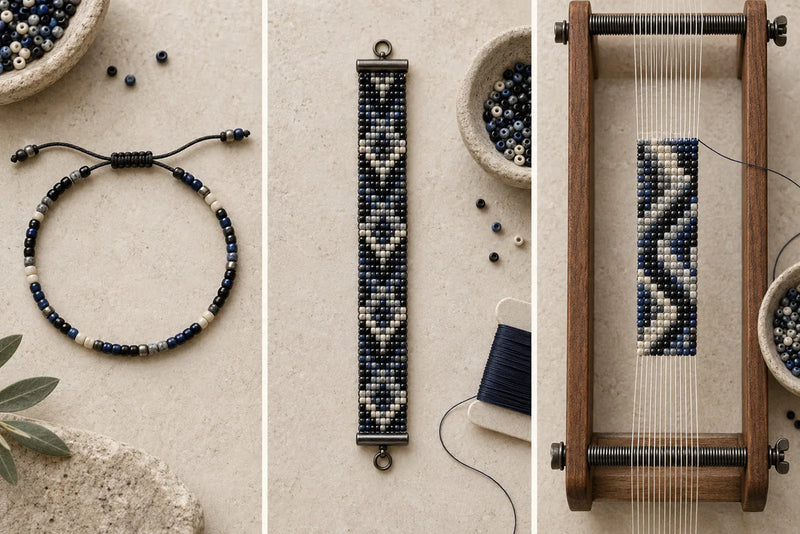 Beading Seed Beads: strung cord bracelet, patterned woven bracelet and beadwork on a wooden loom.