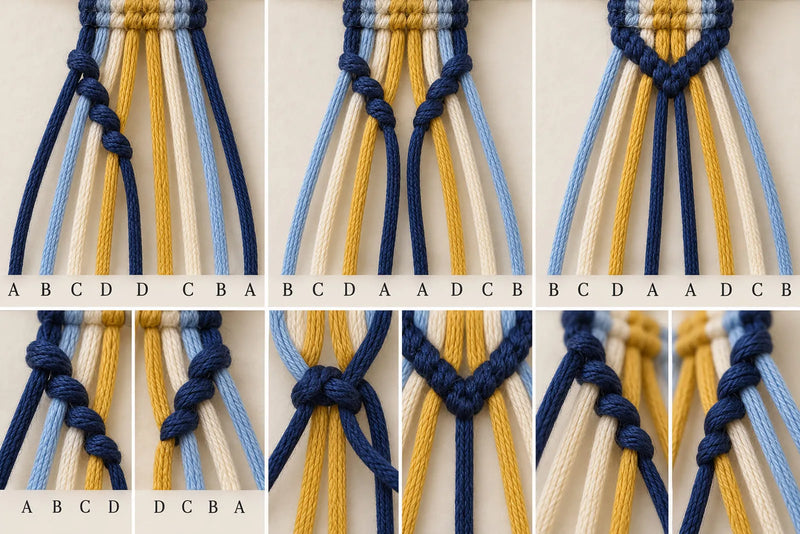 Chevron bracelet collage with navy knot details, blue, ivory, and yellow floss, and printed color-order labels.