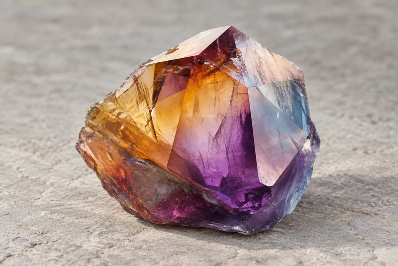 Colorful gemstones: purple and yellow ametrine Ametrine specimen showing purple and golden-yellow regions on pale stone