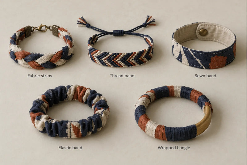 Fabric bracelets: five construction types Five labeled bracelet styles: fabric strips, thread band, sewn band, elastic band, and wrapped bangle