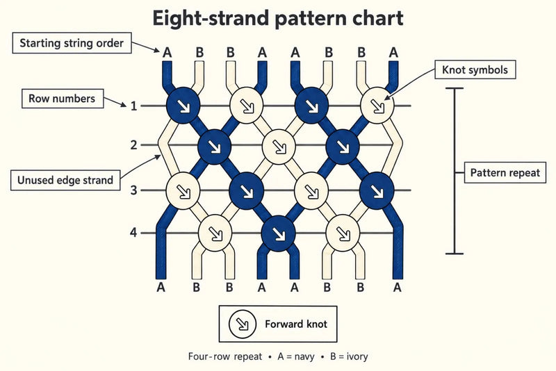 Friendship Bracelet Pattern: Eight-Strand Chart Eight-strand friendship bracelet pattern chart showing forward knots, four numbered rows and unused edge strands.