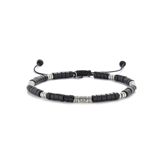 Full circular layout of mens black bead bracelet with silver-tone details