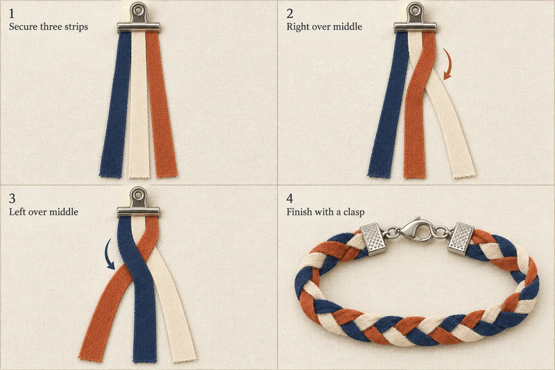 How to make fabric bracelets: three-strip braid Four-panel diagram showing three fabric strips, right-over-middle and left-over-middle crossings, and a clasp finish