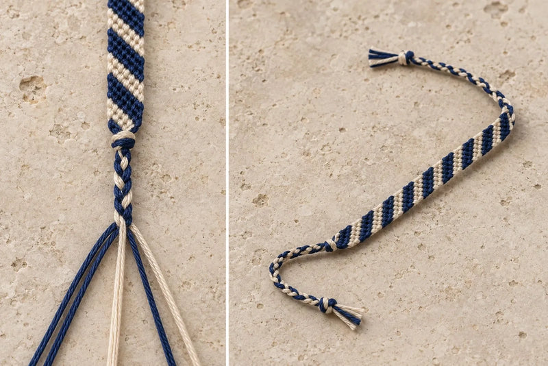 How to Make Friendship Bracelets: Finish with Braided Tails Striped navy and cream friendship bracelet with a close-up of its braided tail and knotted end