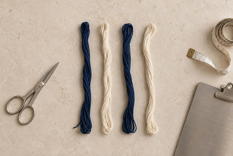 How to Make Friendship Bracelets: Floss and Supplies Navy and cream floss, scissors, measuring tape, and a clipboard for making friendship bracelets