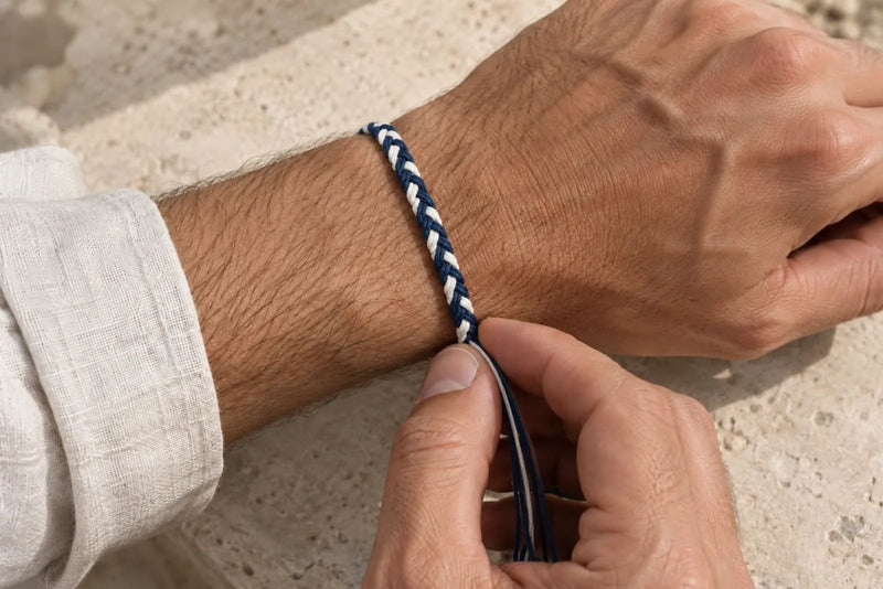 How to Make Friendship Bracelets: Check the Wrist Fit Man checking the fit of a navy and white braided friendship bracelet on his wrist