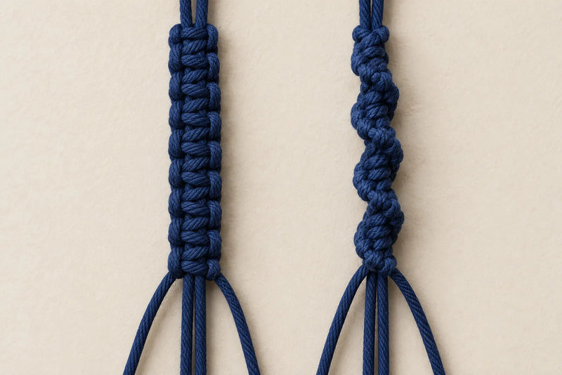Navy knotted bracelet samples showing a flat knot pattern on the left and a spiral pattern on the right.