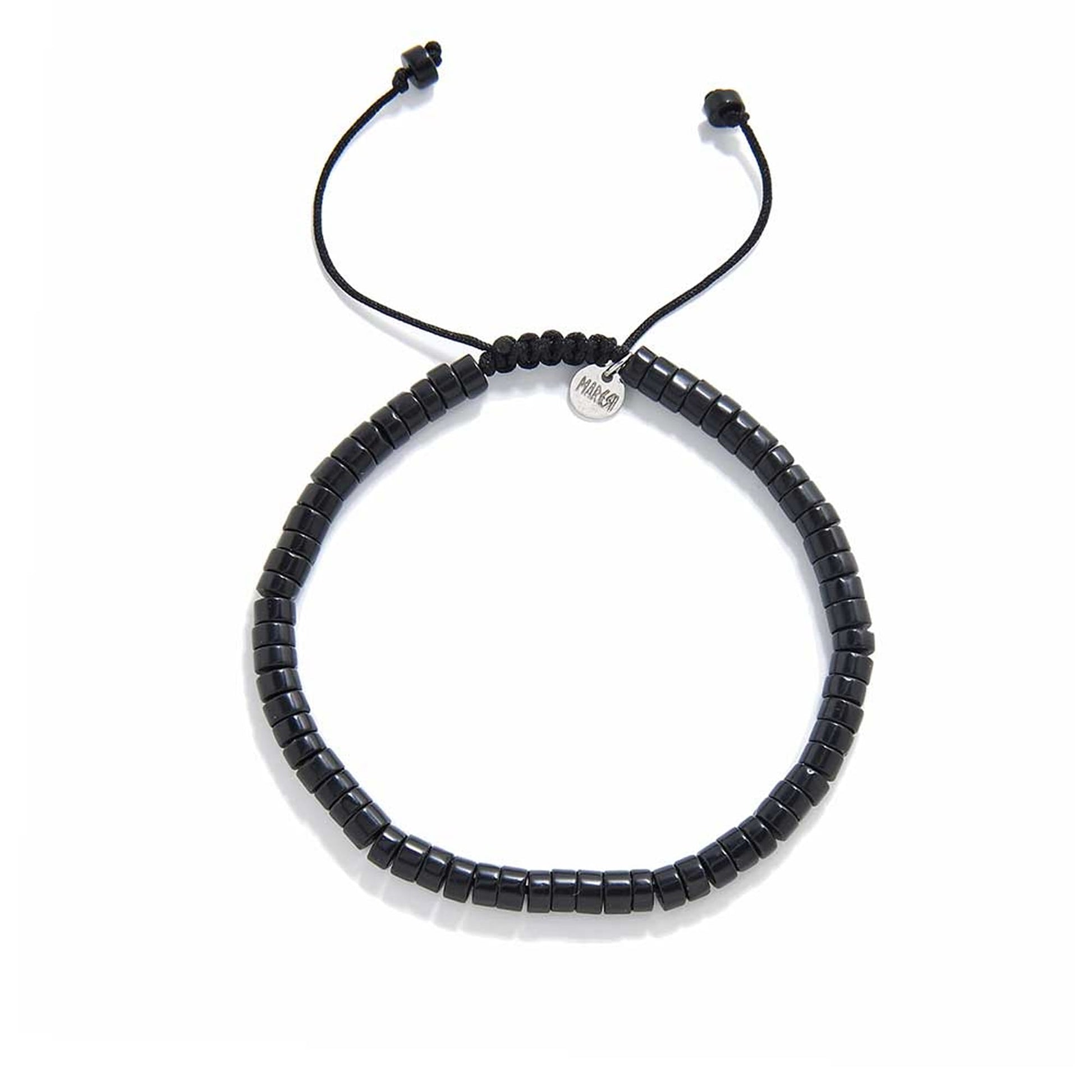 top view of MAVROS men black bracelet with round clay beads and adjustable cord